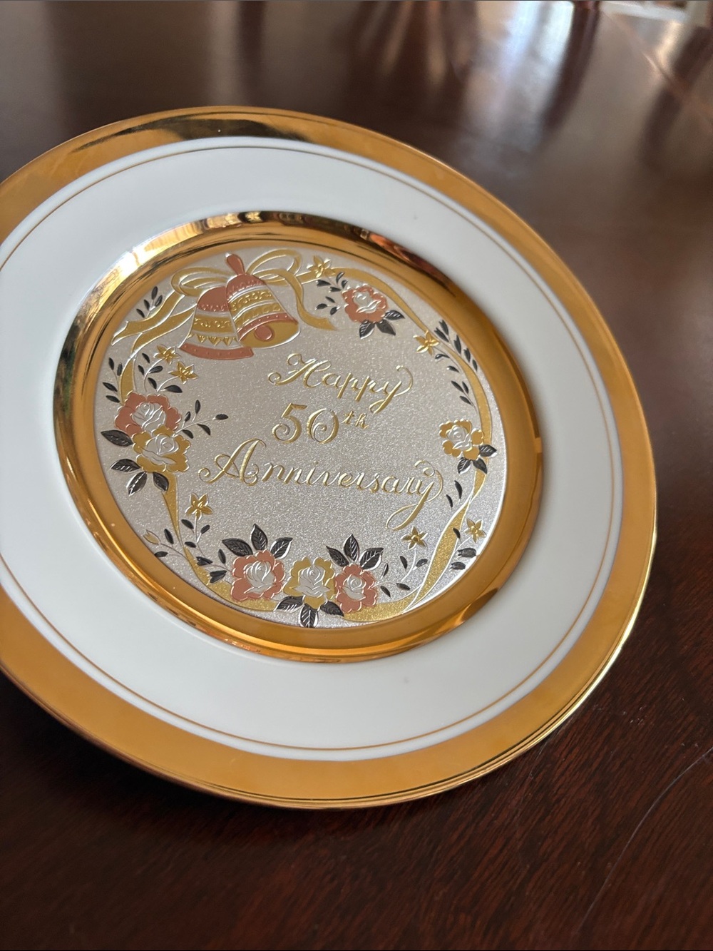 Gold-Trim 'Happy 50th Anniversary' Decorative Plate - White and Gold by Chokin